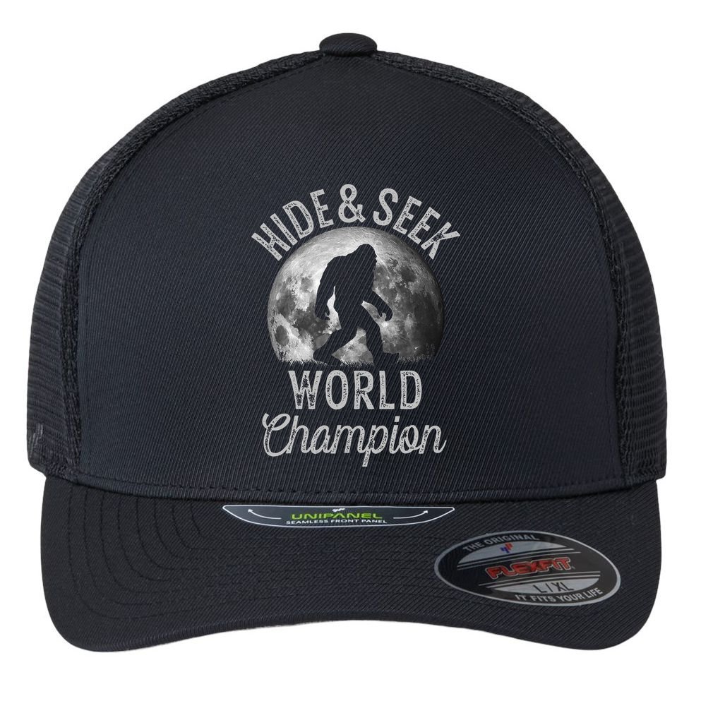 Bigfoot Moon Hide And Seek World Champion Sasquatch Flexfit Unipanel Trucker Cap