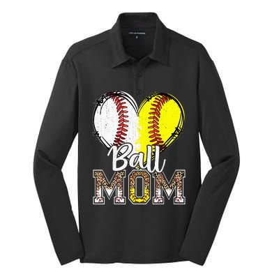 Ball Mom Heart Baseball Softball Mama Women Mothers Day Silk Touch Performance Long Sleeve Polo