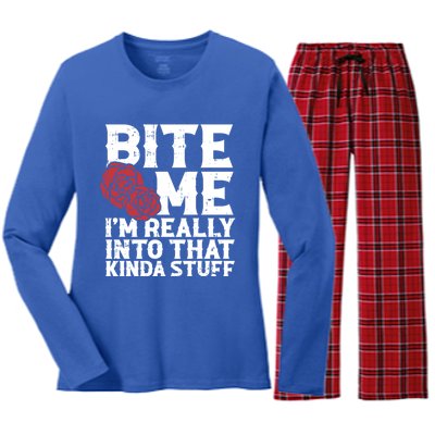 Bite Me Halloween Costume Funny Retro Sarcastic Humor Gift Women's Long Sleeve Flannel Pajama Set 