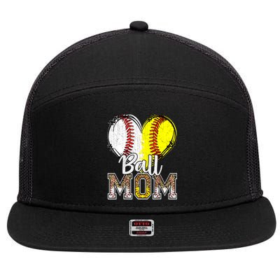 Ball Mom Heart Baseball Softball Mama Women Mothers Day 2024 7 Panel Mesh Trucker Snapback Hat