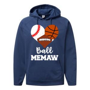 Ball Memaw Heart Funny Baseball Basketball Football Memaw Gift Performance Fleece Hoodie