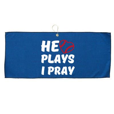 Baseball Mom He Plays I Pray Large Microfiber Waffle Golf Towel