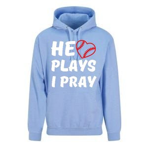 Baseball Mom He Plays I Pray Unisex Surf Hoodie