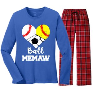 Ball Memaw Heart Funny Baseball Softball Soccer Memaw Great Gift Women's Long Sleeve Flannel Pajama Set 