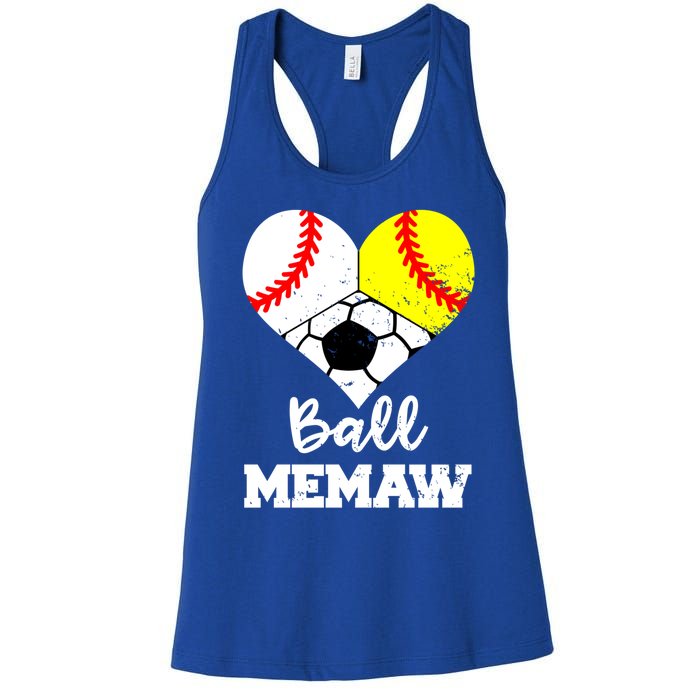 Ball Memaw Heart Funny Baseball Softball Soccer Memaw Great Gift Women's Racerback Tank