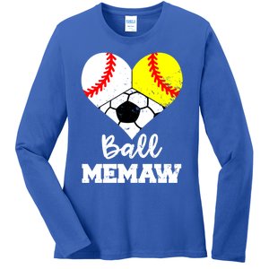 Ball Memaw Heart Funny Baseball Softball Soccer Memaw Great Gift Ladies Long Sleeve Shirt