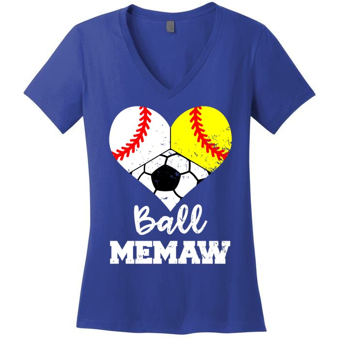 Ball Memaw Heart Funny Baseball Softball Soccer Memaw Great Gift Women's V-Neck T-Shirt