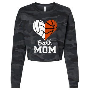 Ball Mom Heart Funny Volleyball Basketball Mom Cropped Pullover Crew