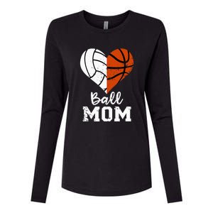 Ball Mom Heart Funny Volleyball Basketball Mom Womens Cotton Relaxed Long Sleeve T-Shirt