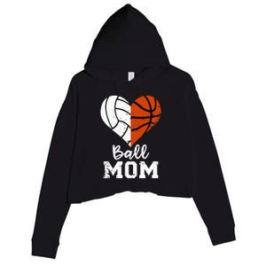 Ball Mom Heart Funny Volleyball Basketball Mom Crop Fleece Hoodie