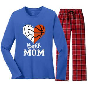 Ball Mom Heart Funny Volleyball Basketball Mom Women's Long Sleeve Flannel Pajama Set 