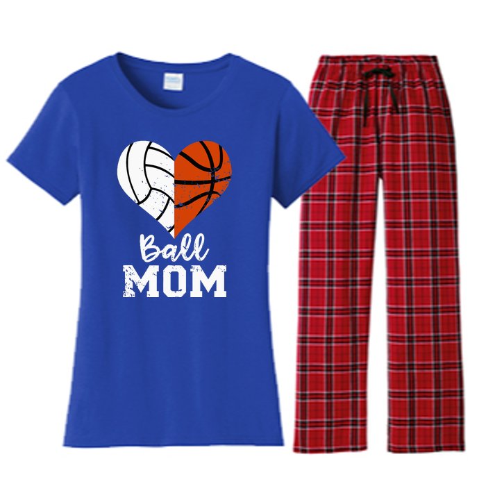 Ball Mom Heart Funny Volleyball Basketball Mom Women's Flannel Pajama Set