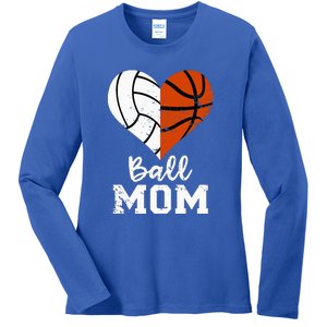 Ball Mom Heart Funny Volleyball Basketball Mom Ladies Long Sleeve Shirt