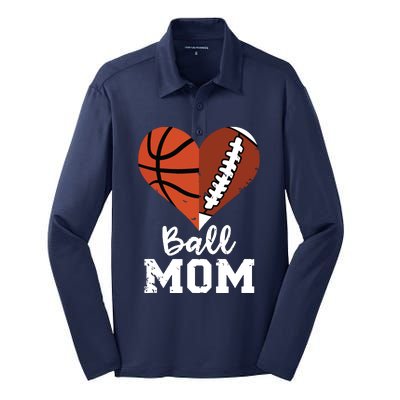 Ball Mom Heart Funny Football Baseball Player Mom Premium Silk Touch Performance Long Sleeve Polo