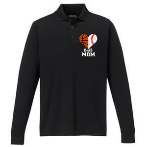 Ball Mom Heart Funny Baseball Basketball Mom Meaningful Gift Performance Long Sleeve Polo