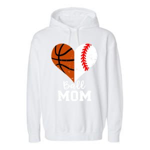 Ball Mom Heart Funny Baseball Basketball Mom Meaningful Gift Garment-Dyed Fleece Hoodie