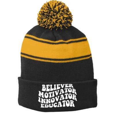 Believer Motivator Innovator Educator Retro Gift Stripe Pom Pom Beanie