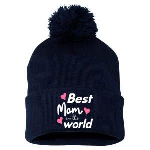 Best Mom In The World Mothers Day Heart Pom Pom 12in Knit Beanie