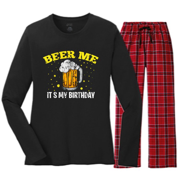 Beer Me It's My Birthday Bday Beer Lover Party Women's Long Sleeve Flannel Pajama Set 