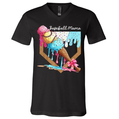 Baseball Mama Ice Cream Drip Baseball Mothers Day Coquette V-Neck T-Shirt