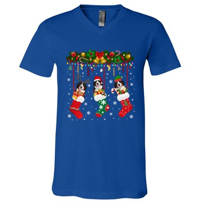 Bernese Mountain In Sock Xmas Reindeer Santa Elf Dog Gift V-Neck T-Shirt