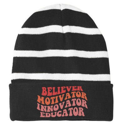 Believer Motivator Innovator Educator Striped Beanie with Solid Band