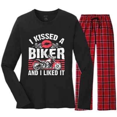 Bikers Motorcycling I Kissed A Biker And I Liked It Women's Long Sleeve Flannel Pajama Set 