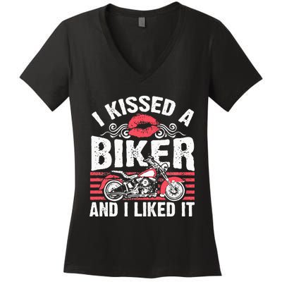 Bikers Motorcycling I Kissed A Biker And I Liked It Women's V-Neck T-Shirt