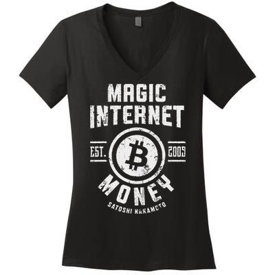 Bitcoin Magic Internet Money Btc Crypto Currency Blockchain Women's V-Neck T-Shirt