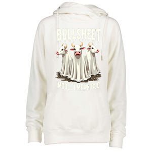 Bullsheet Moo I Mean Boo Funny Halloween Ghost Cow Pun Gift Womens Funnel Neck Pullover Hood