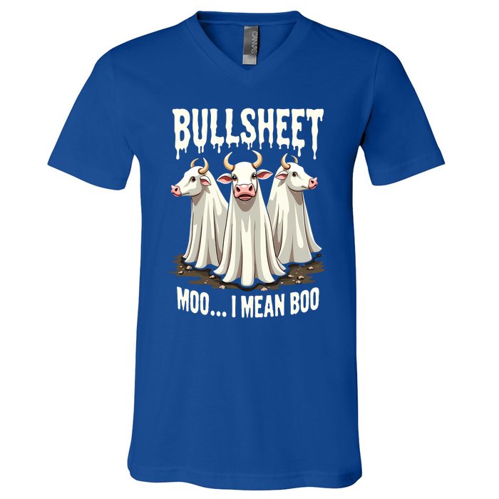 Bullsheet Moo I Mean Boo Funny Halloween Ghost Cow Pun Gift V-Neck T-Shirt