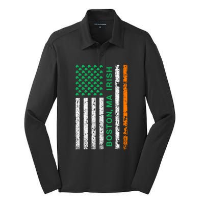 Boston Massachusetts Irish American Patriotic Us Flag Gift Silk Touch Performance Long Sleeve Polo