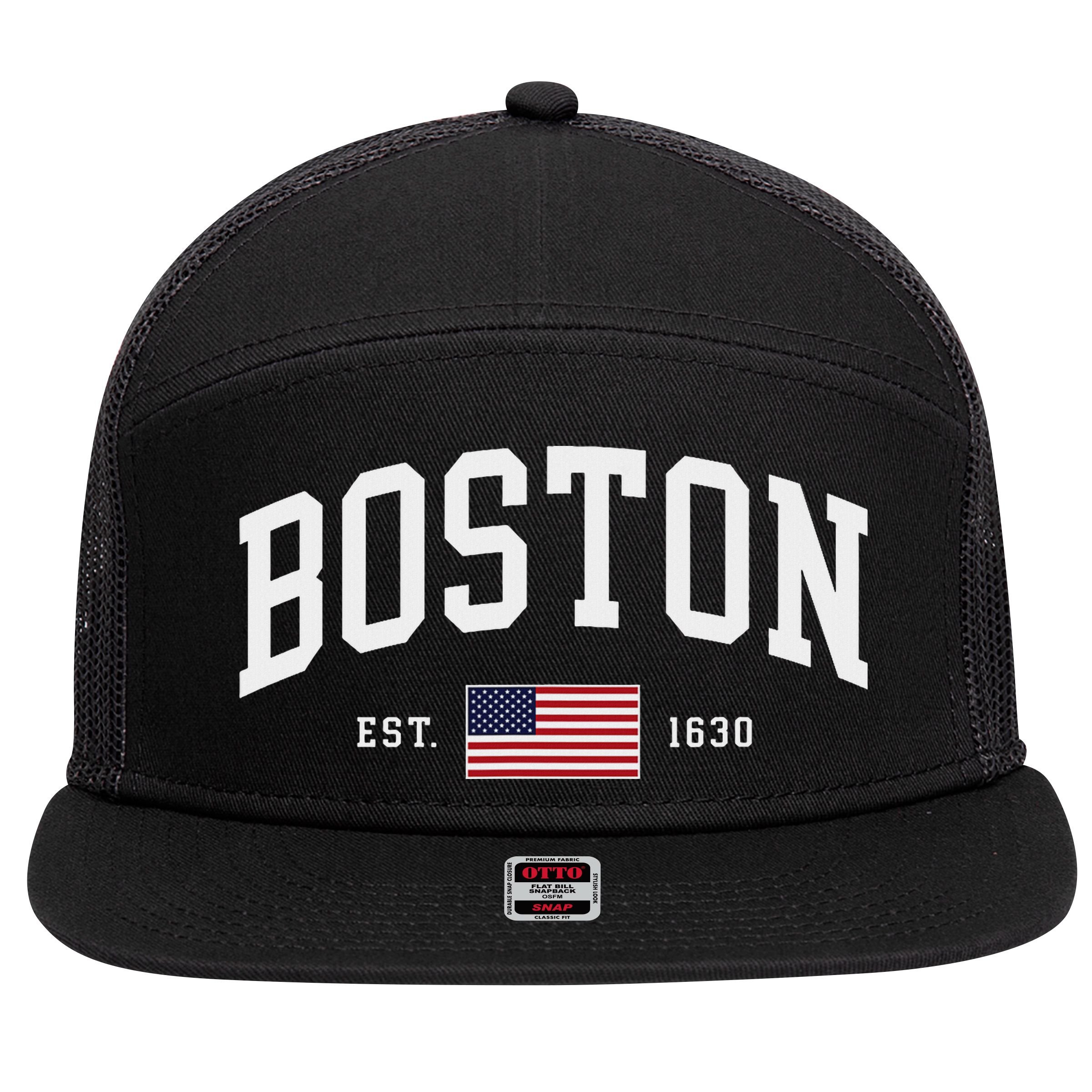 Boston Massachusetts July 4th Us Flag Retro Throwback 7 Panel Mesh Trucker Snapback Hat