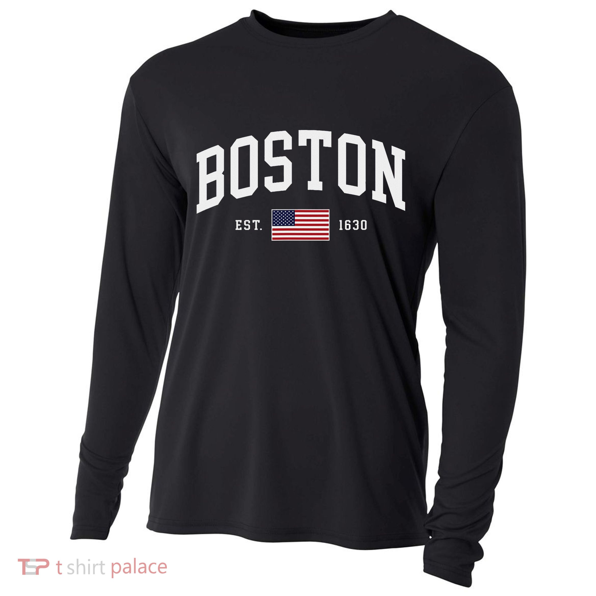 Boston Massachusetts July 4th Us Flag Retro Throwback Cooling Performance Long Sleeve Crew