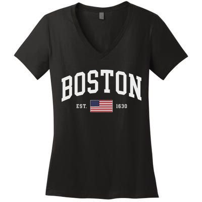 Boston Massachusetts July 4th Us Flag Retro Throwback Women's V-Neck T-Shirt