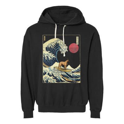 Belgian Malinois Japanese Kanagawa Wave Funny Surf Dog Garment-Dyed Fleece Hoodie