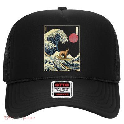 Belgian Malinois Japanese Kanagawa Wave Funny Surf Dog High Crown Mesh Back Trucker Hat