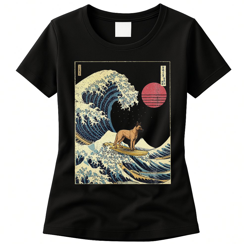 Belgian Malinois Japanese Kanagawa Wave Funny Surf Dog Womens T-Shirt