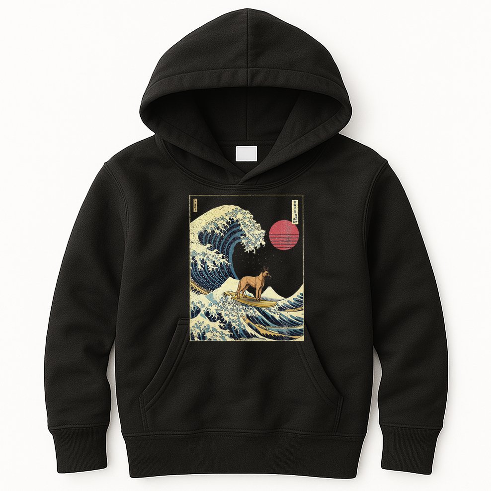 Belgian Malinois Japanese Kanagawa Wave Funny Surf Dog Kids Hoodie