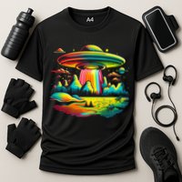 Bright Mountain Lake Camping Visitor UFO Alien Retro Cooling Performance Crew T-Shirt