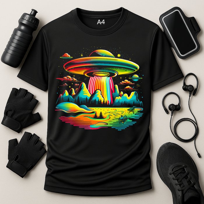Bright Mountain Lake Camping Visitor UFO Alien Retro Cooling Performance Crew T-Shirt