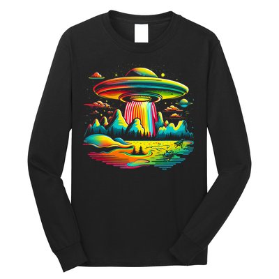 Bright Mountain Lake Camping Visitor UFO Alien Retro Long Sleeve Shirt