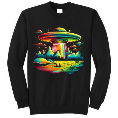 Bright Mountain Lake Camping Visitor UFO Alien Retro Sweatshirt