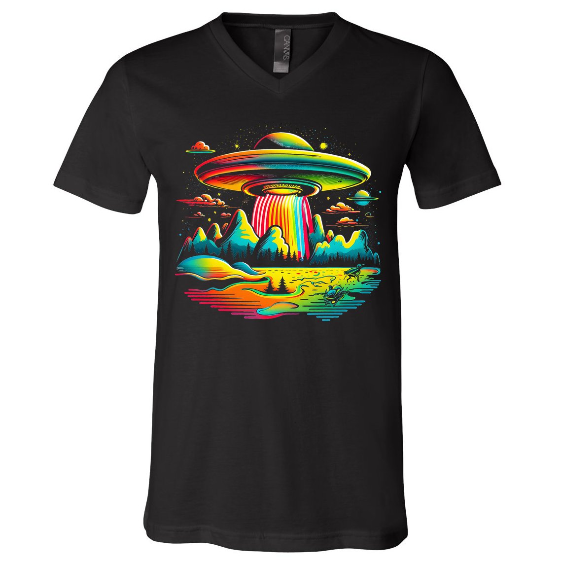 Bright Mountain Lake Camping Visitor UFO Alien Retro V-Neck T-Shirt
