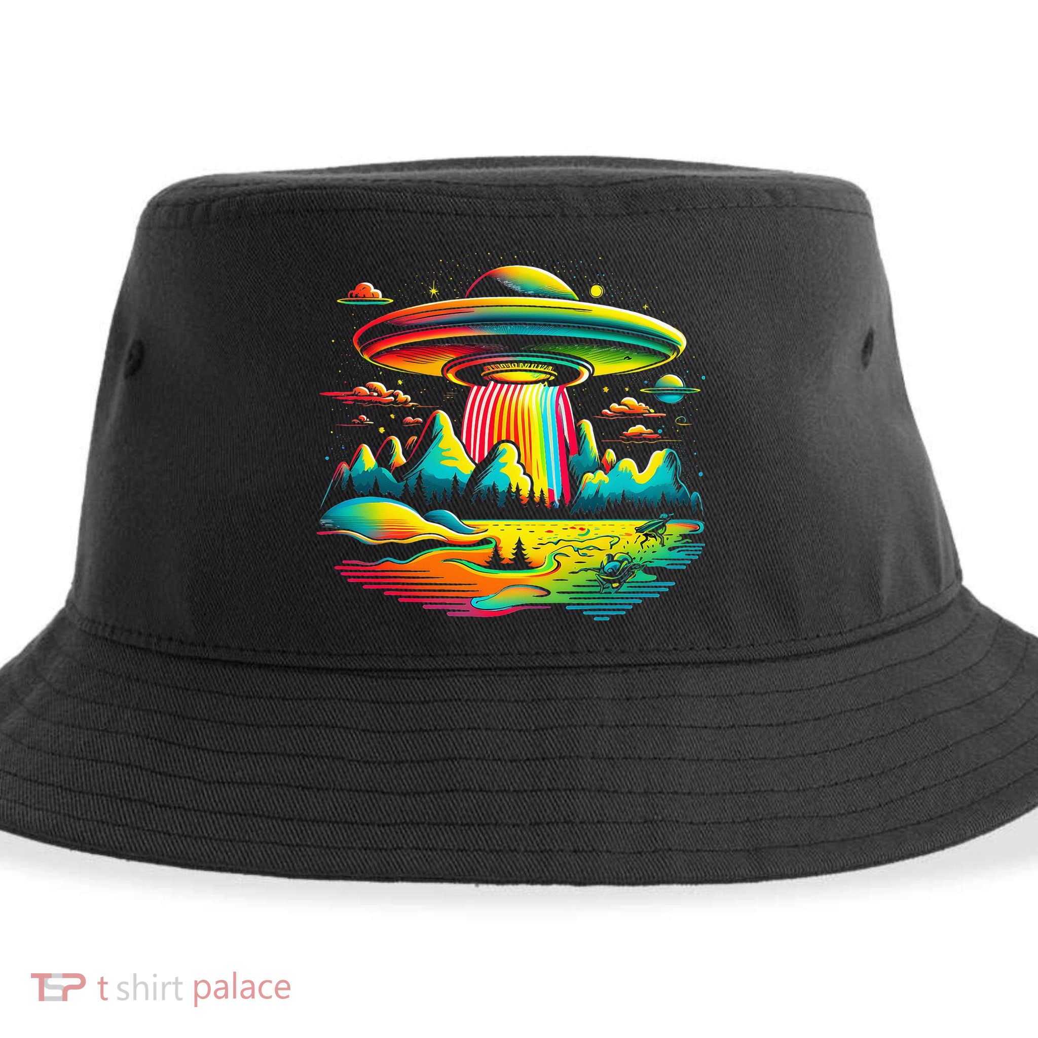 Bright Mountain Lake Camping Visitor UFO Alien Retro Sustainable Bucket Hat