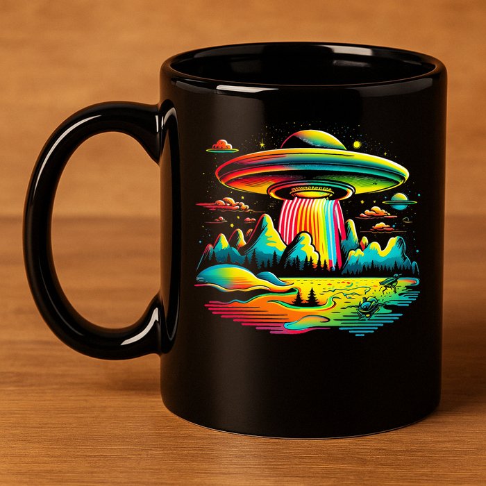 Bright Mountain Lake Camping Visitor UFO Alien Retro 11oz C Handle Ceramic Mug