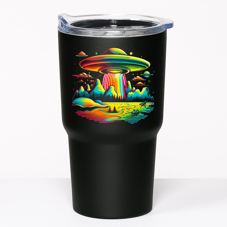 Bright Mountain Lake Camping Visitor UFO Alien Retro Tumbler