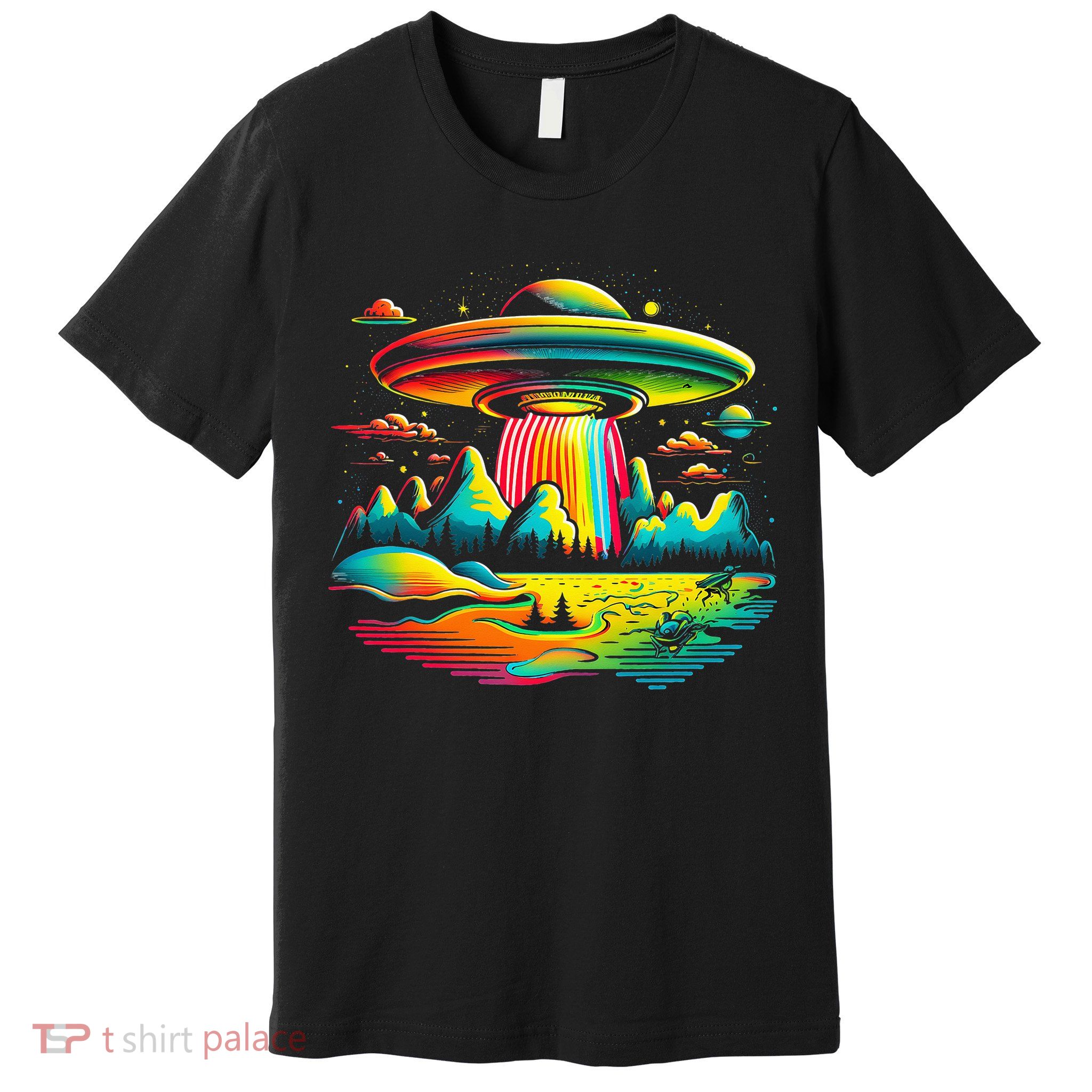 Bright Mountain Lake Camping Visitor UFO Alien Retro Premium T-Shirt