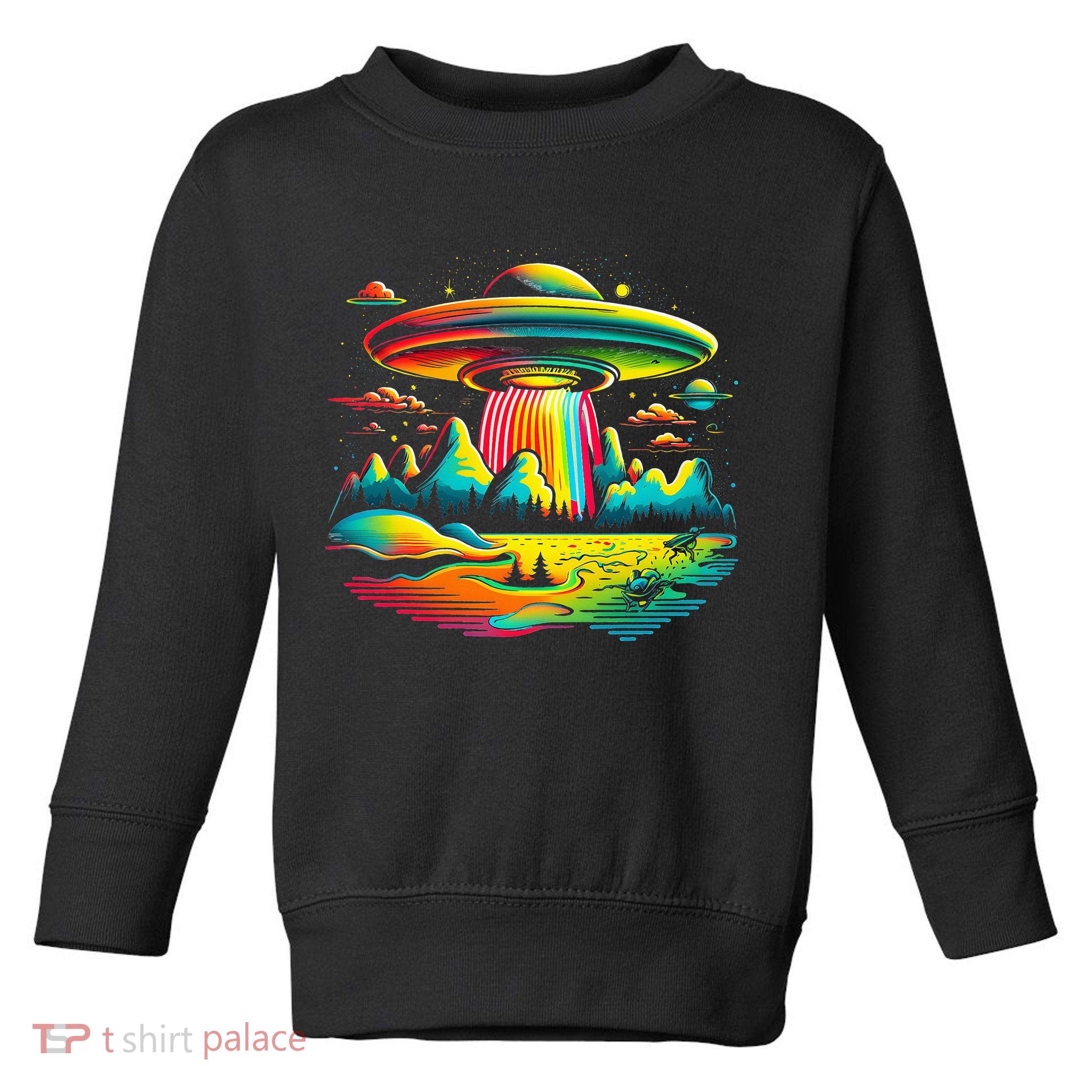 Bright Mountain Lake Camping Visitor UFO Alien Retro Toddler Sweatshirt