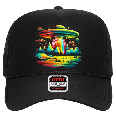 Bright Mountain Lake Camping Visitor UFO Alien Retro Trucker Hat